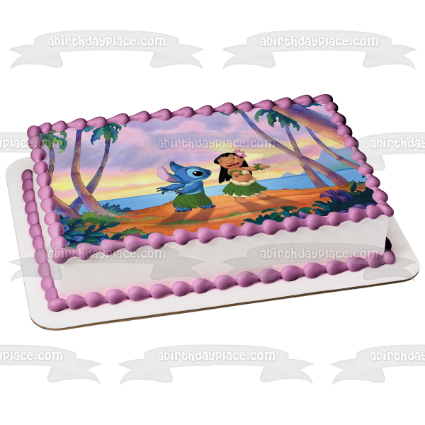 Lilo and Stitch Hula Dance Grass Skirt Flowers Sunset Edible Cake Topper Image ABPID52228