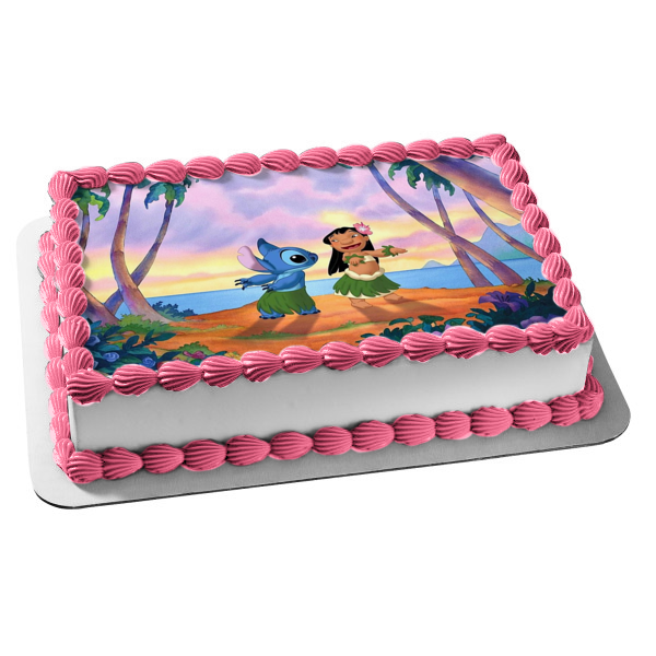 Lilo and Stitch Hula Dance Grass Skirt Flowers Sunset Edible Cake Topper Image ABPID52228