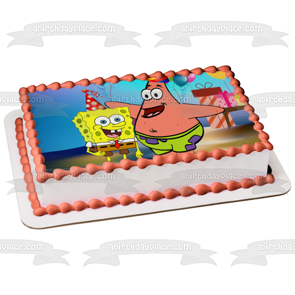 SpongeBob SquarePants Happy Birthday Patrick Party Hats Presents Balloons Edible Cake Topper Image ABPID00372
