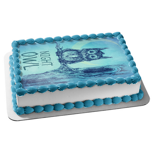 Night Owl Owl In a Tree Moonlight Blue Background! Edible Cake Topper Image ABPID00374