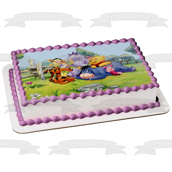Winnie the Pooh Eeyore Piglet Tigger Heffalump Laying on the Grass Flowers Edible Cake Topper Image ABPID00376