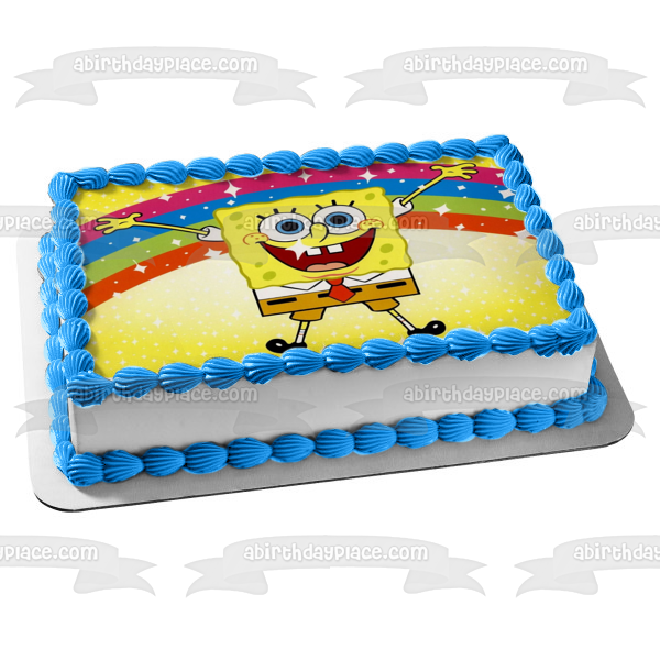 SpongeBob SquarePants Jumping Rainbow Yellow Background Edible Cake Topper Image ABPID00386
