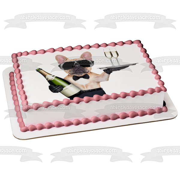 Celebrate French Bulldog with Champagne Bottle Service Tray Champagne Glasses Edible Cake Topper Image ABPID00401