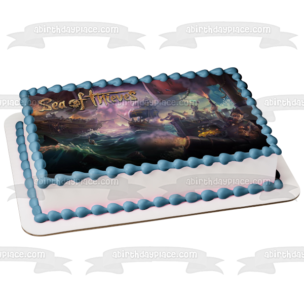 Sea of Thieves Pirate Treasure and Pirate Ship Edible Cake Topper Image ABPID00476