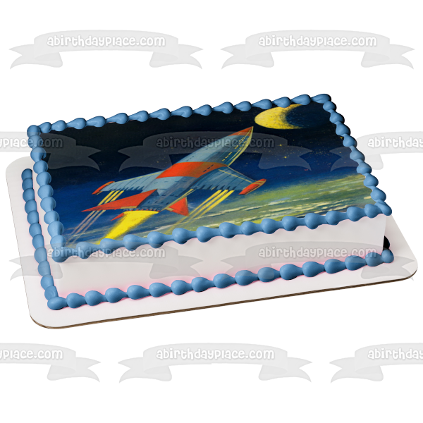 Outer Space Rocket Ship Moon Edible Cake Topper Image ABPID00561