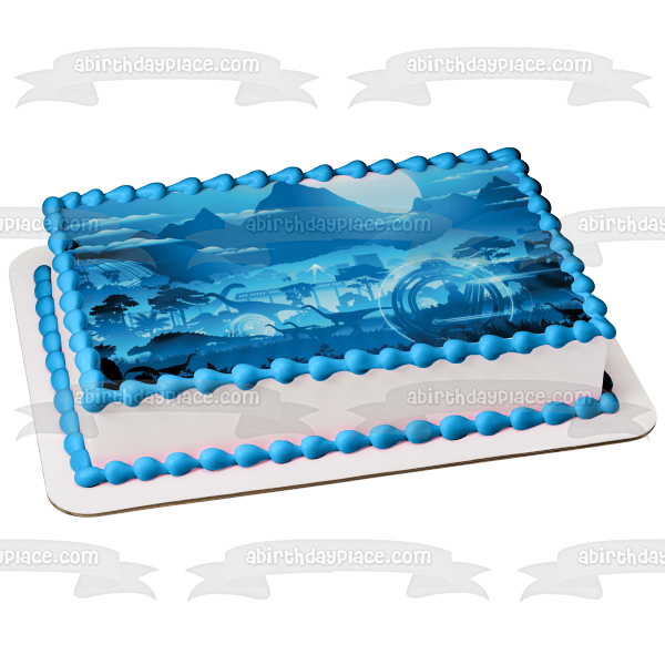 Jurassic Dinosaur Cartoon Scene In Blue Edible Cake Topper Image ABPID00692