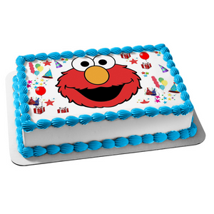 Sesame Street Elmo Face Presents Stars Party Hats Balloons Edible Cake Topper Image ABPID00323