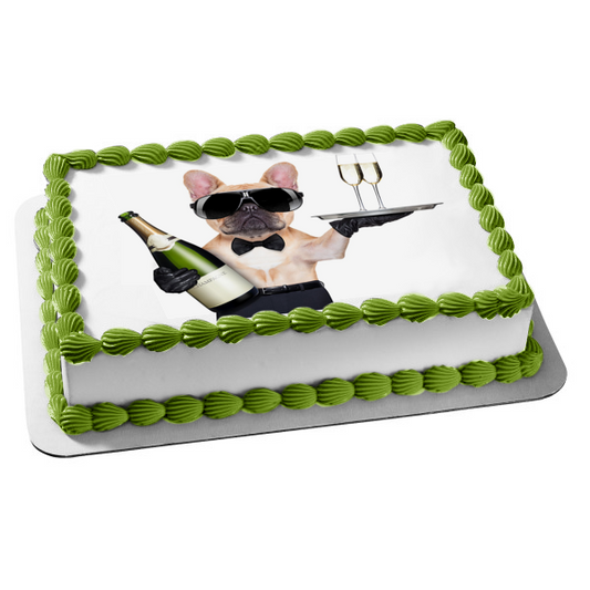 Celebrate French Bulldog with Champagne Bottle Service Tray Champagne Glasses Edible Cake Topper Image ABPID00401