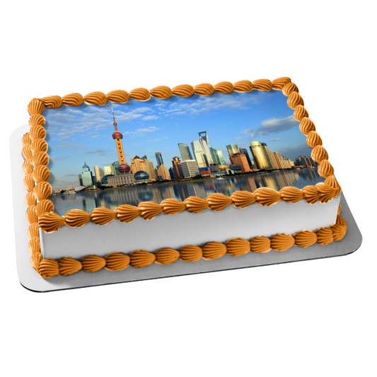 Shanghai China Skyline City Water Cityscape Edible Cake Topper Image ABPID00493