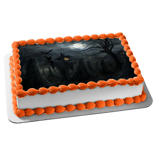 Halloween Haunted House Scarecrow Dead Oak and Bats Flying Edible Cake Topper Image ABPID00501