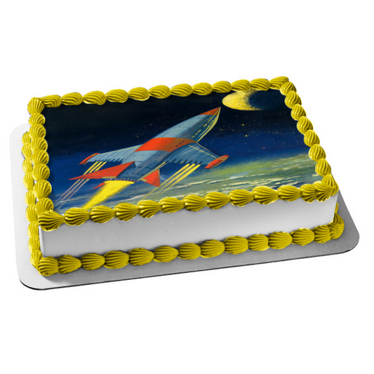 Outer Space Rocket Ship Moon Edible Cake Topper Image ABPID00561