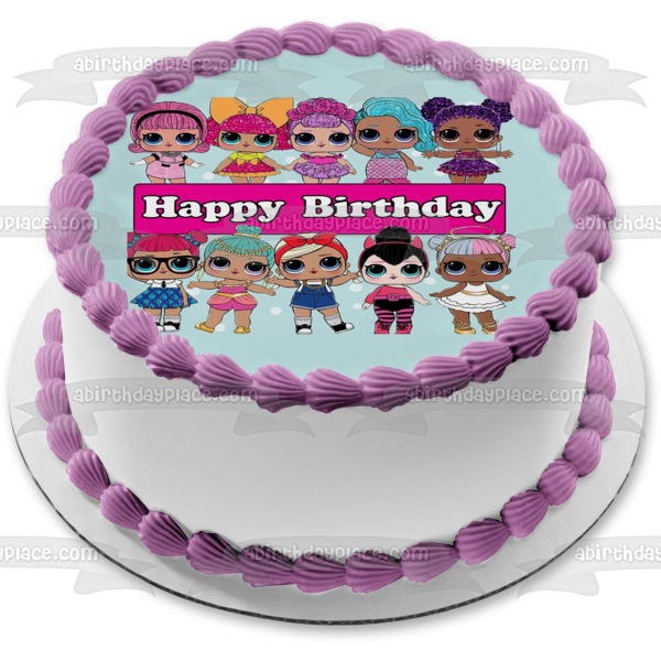 LOL Surprise Happy Birthday Teacher's Pet Splash Queen Sugar Spice Glitter Queen Sugar Queen Genie Shorty Purple Queen Edible Cake Topper Image ABPID50956
