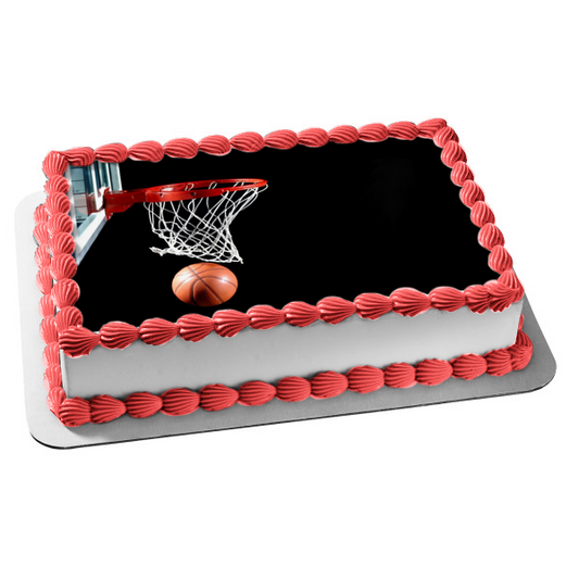 Basketball Goal with Basketball on Black Background Edible Cake Topper Image ABPID00783
