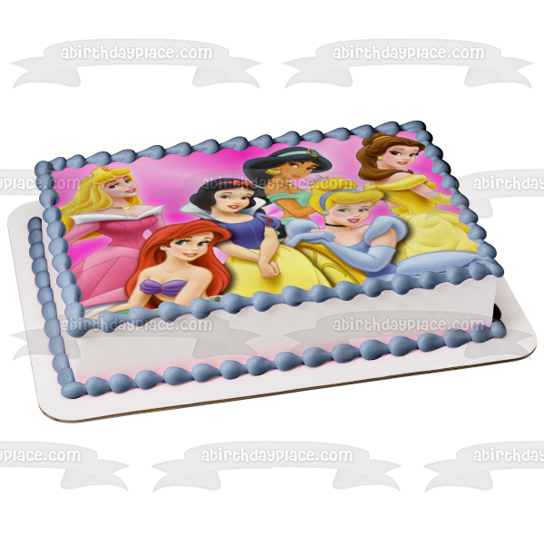 Princess Ariel Belle Aurora Jasmine Cinderella Snow White Pink Background Edible Cake Topper Image ABPID00784