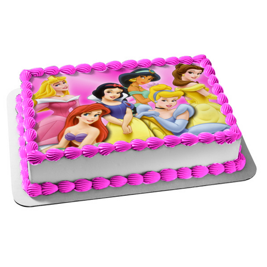 Disney Princess Ariel Belle Aurora Jasmine Cinderella Snow White Pink Background Edible Cake Topper Image ABPID00784