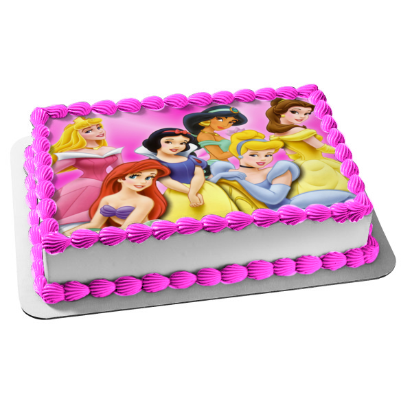Disney Princess Ariel Belle Aurora Jasmine Cinderella Snow White Pink Background Edible Cake Topper Image ABPID00784