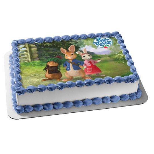 Peter Rabbit Logo Benjamin Bunny Lily Bobtail Trees Edible Cake Topper Image ABPID07341