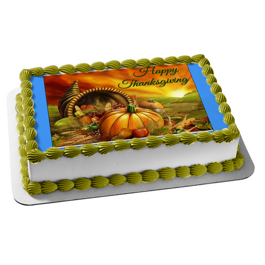 Happy Thanksgiving Pumpkins Apples Grapes Sunset Edible Cake Topper Image ABPID08817