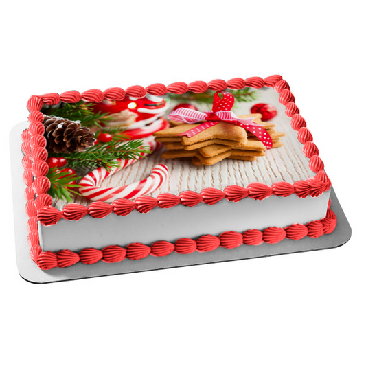 Christmas Cookies Bow Candy Cane Pine Cone Edible Cake Topper Image ABPID50614