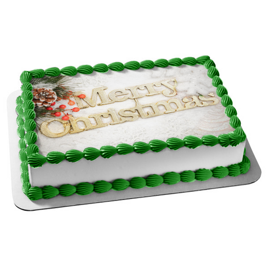 Merry Christmas Pine Tree Pine Cone Snow Edible Cake Topper Image ABPID50621