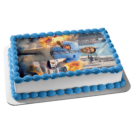 Free Guy Movie Poster Background Character Npc Ryan Reynolds Guy Fire Buildings Background Edible Cake Topper Image ABPID50880