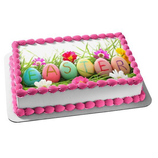 Happy Easter Easter Eggs Flowers Background Edible Cake Topper Image ABPID51207