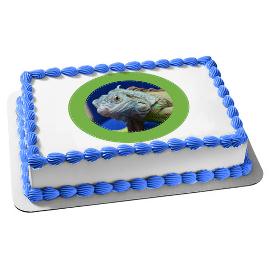 Imagen comestible para tarta con borde verde, lagarto herbívoro, iguana, ABPID22307 