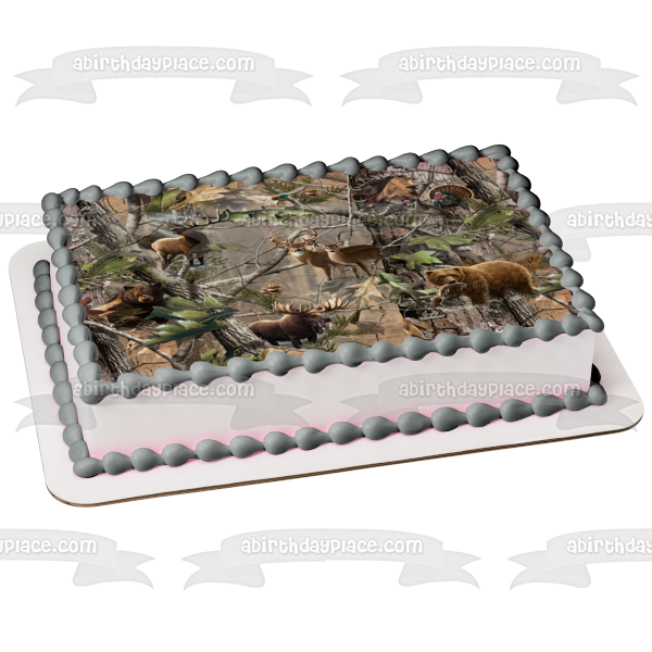 Camouflage Hunting Deer Bear Moose Turkey and a Tree Edible Cake Topper Image ABPID03239
