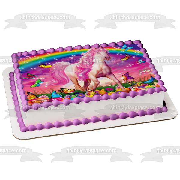Rainbow Horse Sparkles Butterflies Flowers and Mushrooms Edible Cake Topper Image ABPID04203
