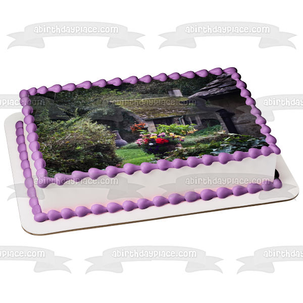 Village Home Surrounded by Flowers and Trees Edible Cake Topper Image ABPID52566
