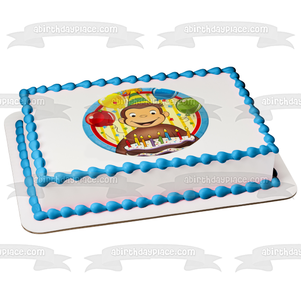Curious George Happy Birthday Cake Party Hat and Balloons Edible Cake Topper Image ABPID07669