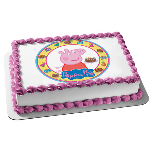 Peppa Pig Birthday Party Cake Presents Party Hats Edible Cake Topper Image ABPID03367