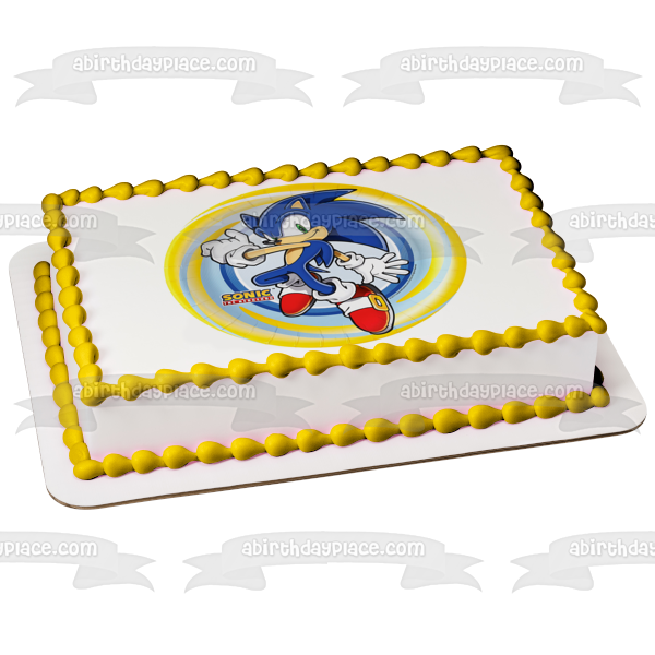 Sonic the Hedgehog Logo Sonic with a Yellow and Blue Spiral Background Edible Cake Topper Image ABPID04706