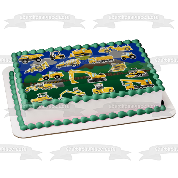 Construction Equipment Cartoon Excavator Tractor Lawn Mower and a Dump Truck Edible Cake Topper Image ABPID06865