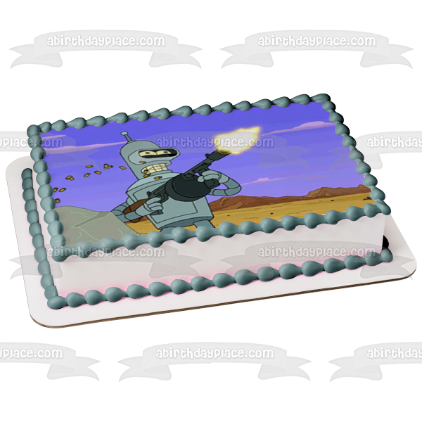 Futurama Animation Adult Swim Comedy Central Bender Disparando Tommy Gun Edible Cake Topper Imagen ABPID52641 