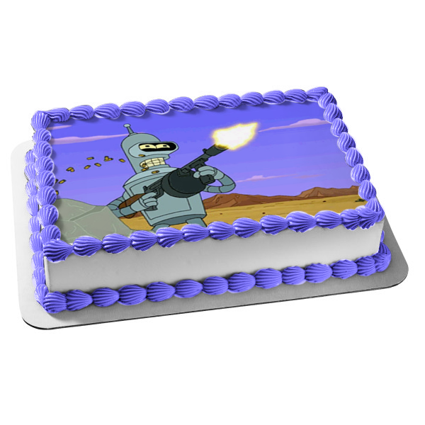 Futurama Animation Adult Swim Comedy Central Bender Firing Tommy Gun Edible Cake Topper Image ABPID52641