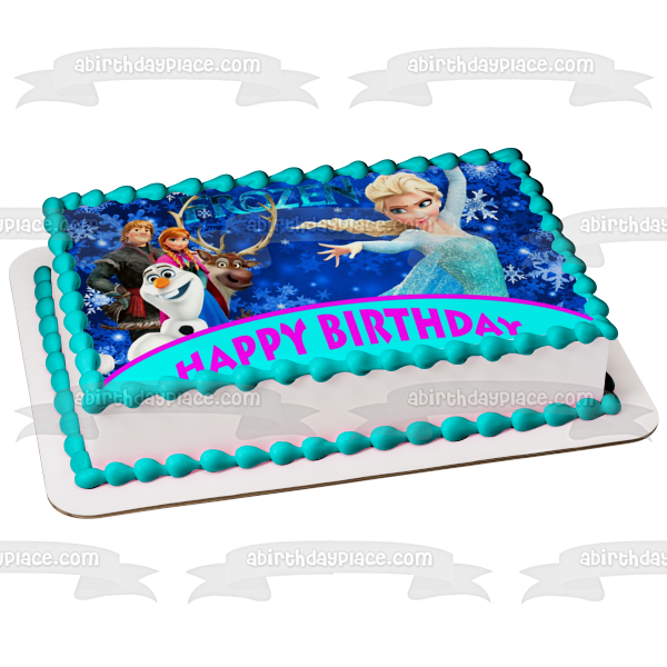 Frozen Happy Birthday Anna Elsa Olaf  Kristoff Sven Personalized Edible Cake Topper Image ABPID00842