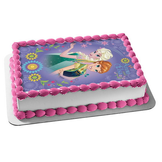 Frozen Anna and Elsa Flowers and Butterflies Edible Cake Topper Image ABPID00881