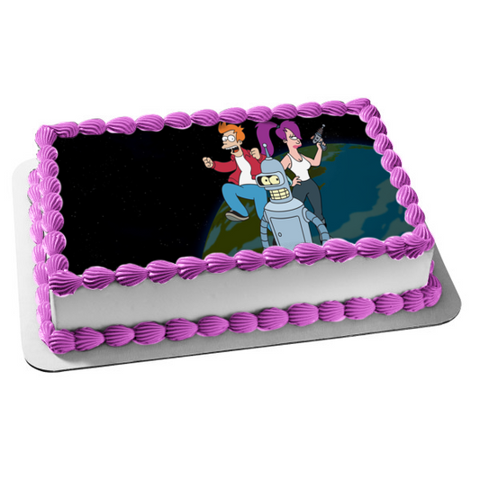 Futurama Philip J. Fry Bender Leela Outer Space Earth Edible Cake Topper Image ABPID00884