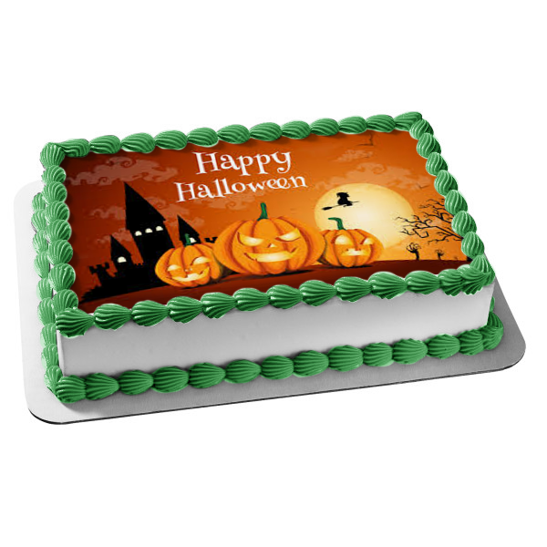 Happy Halloween Flying Witch on a Broomstick Scary Jack-O-Lanterns Edible Cake Topper Image ABPID52672