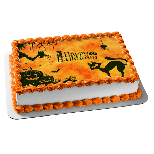 Happy Halloween Scary Cat Spider Owl Jack-O-Lanterns Edible Cake Topper Image ABPID52674