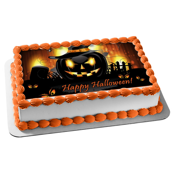 Happy Halloween Scary Jack-O-Lanterns Graveyard Scene Background Edible Cake Topper Image ABPID52678
