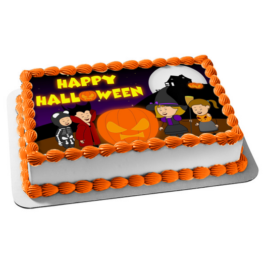 Trick or Treaters Happy Halloween Scary Jack-O-Lantern Edible Cake Topper Image ABPID52680
