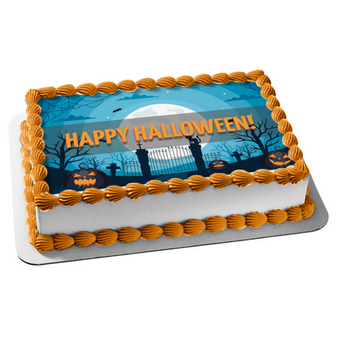 Happy Halloween Scary Jack-O-Lanterns Graveyard Scene Edible Cake Topper Image ABPID52686