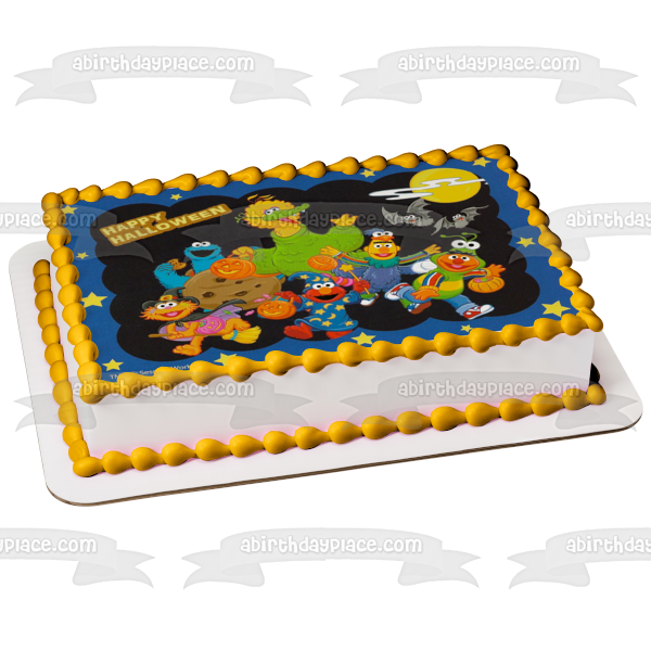 Sesame Street Happy Halloween Trick or Treat Big Bird Cookie Monster Elmo Bert Ernie Halloween Costumes Jack-O-Lanterns Edible Cake Topper Image ABPID52700