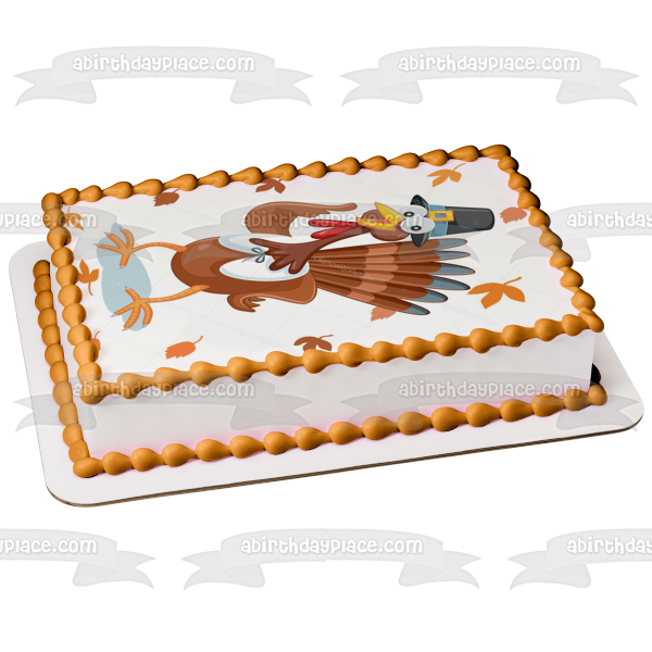 Happy Thanksgiving Cartoon Turkey In Pilgrim Costume Fall Colored Leaves Edible Cake Topper Image ABPID52712