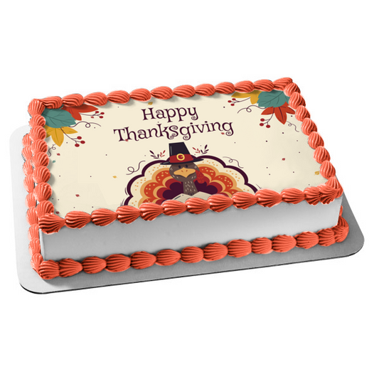 Happy Thanksgiving Turkey In a Pilgrim Hat Fall Colored Leaves Edible Cake Topper Image ABPID52715