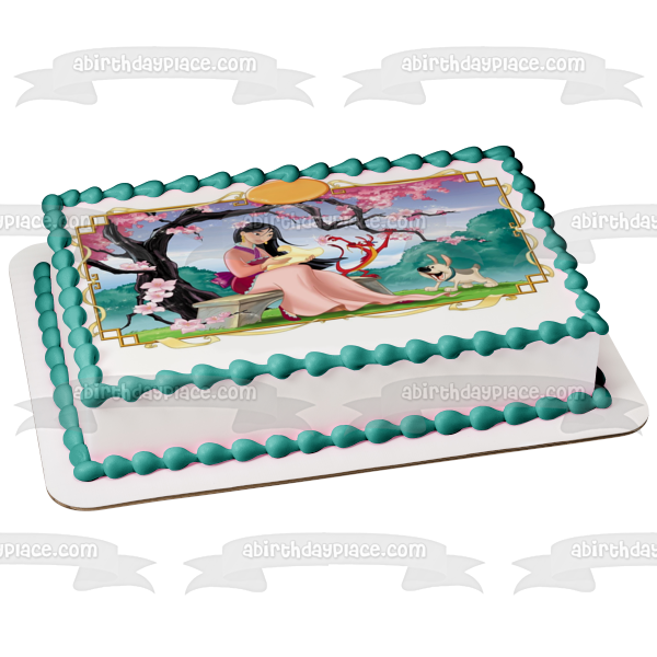 Mulan Plum Tree Bench Paper and a Dog Edible Cake Topper Image ABPID04006