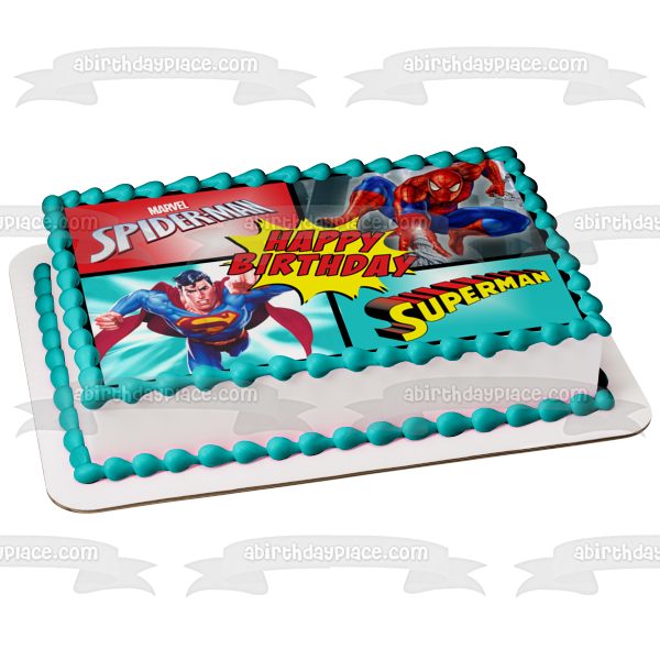 Marvel DC Superman Spider-Man Comic Super Hero Happy Birthday Edible Cake Topper Image ABPID52902