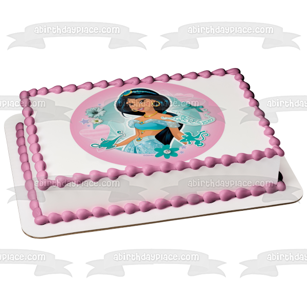 Disney Princess Jasmine Aladdin Flowers Hearts Pink Background Edible Cake Topper Image ABPID21893